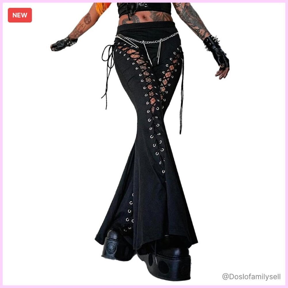 High Waist Bandage Pants Gothic Flared Bell-Bottom Trousers Y2K Chic